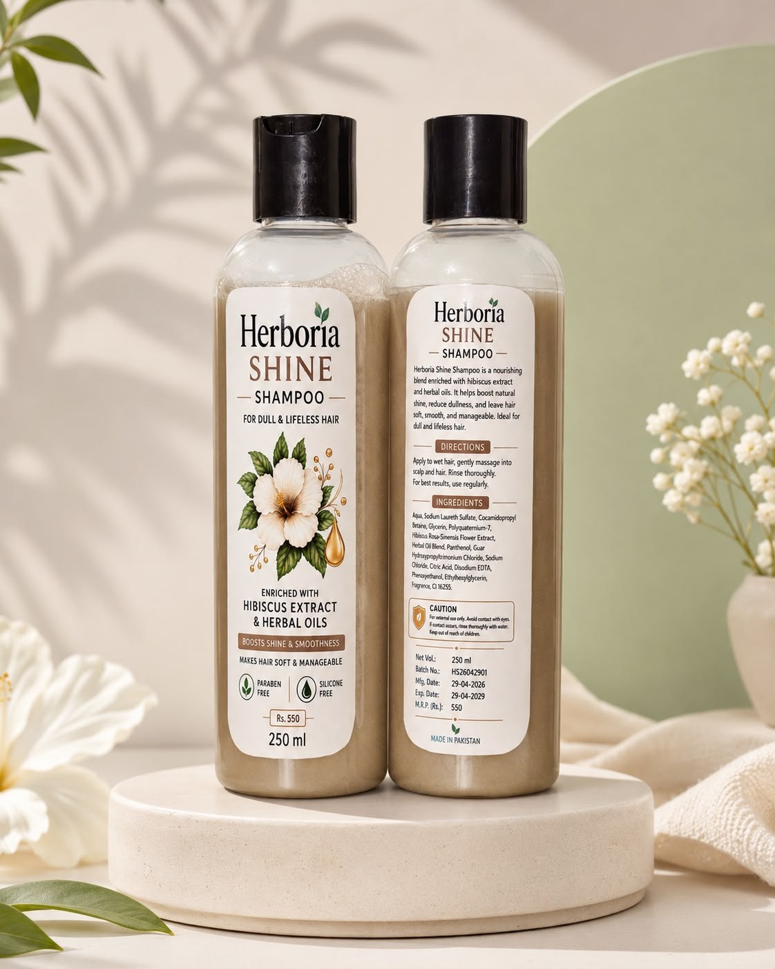Herboria Shine herbal shampoo front and back bottles
